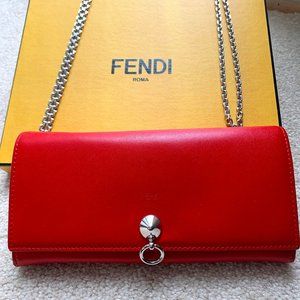 Fendi authentic red wallet mini bag on removable chain.